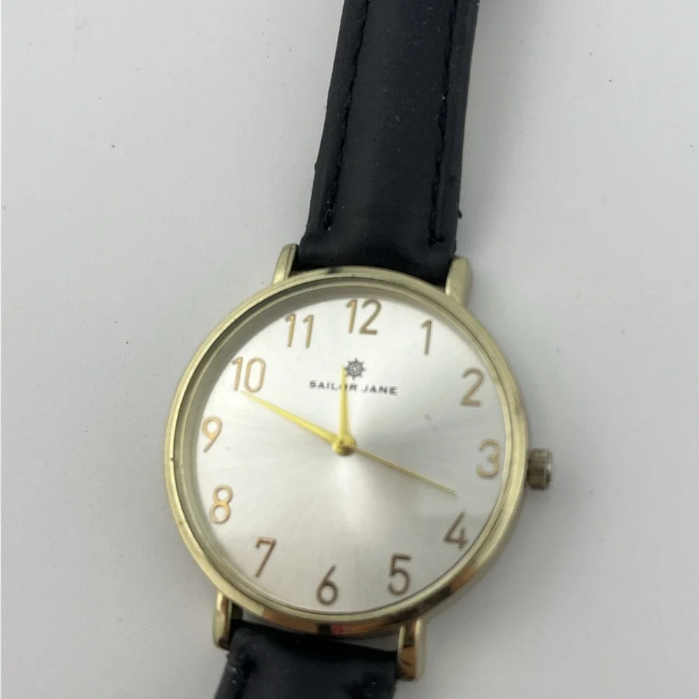 Sailor Jane Watch Women 36mm Gold Case Black Faux Leather Band- New Battery